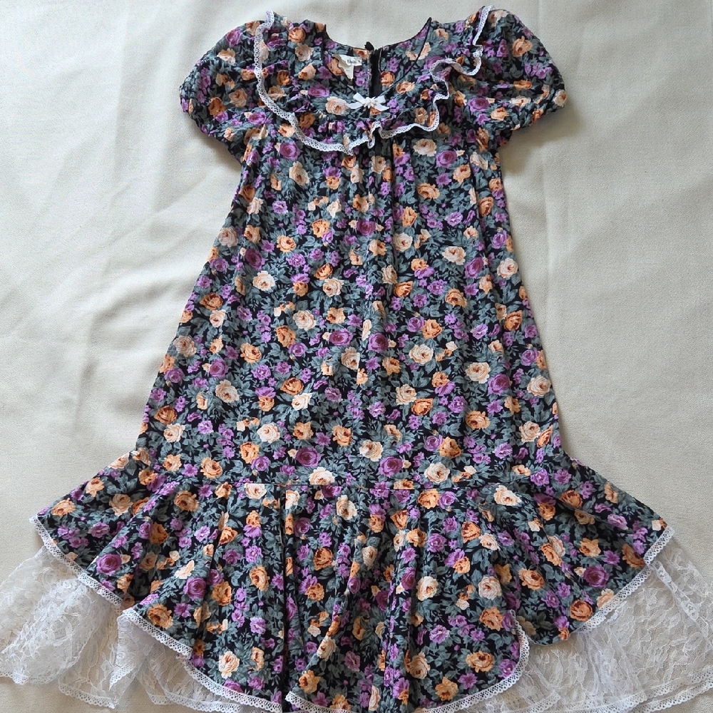 Vintage 60s Muumuu Black Floral Ruffle Prairie Cottage Dress Hawaii Size Small